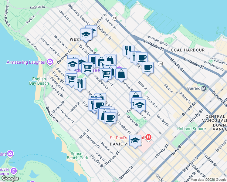 map of restaurants, bars, coffee shops, grocery stores, and more near 1388 Nelson Street in Vancouver