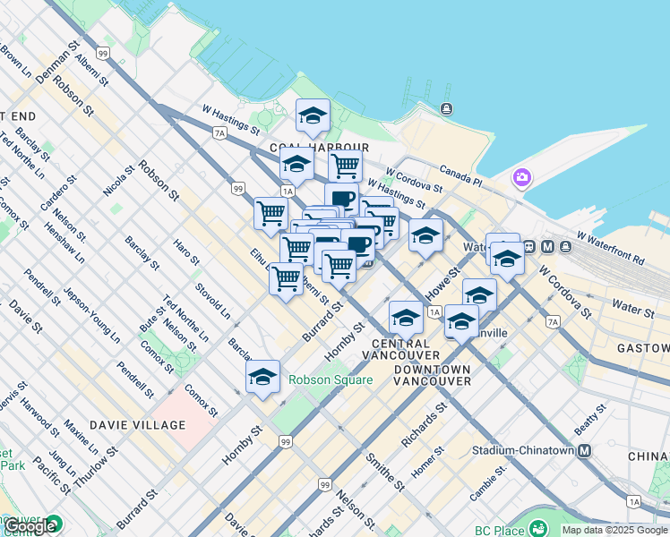 map of restaurants, bars, coffee shops, grocery stores, and more near 1055 West Georgia Street in Vancouver