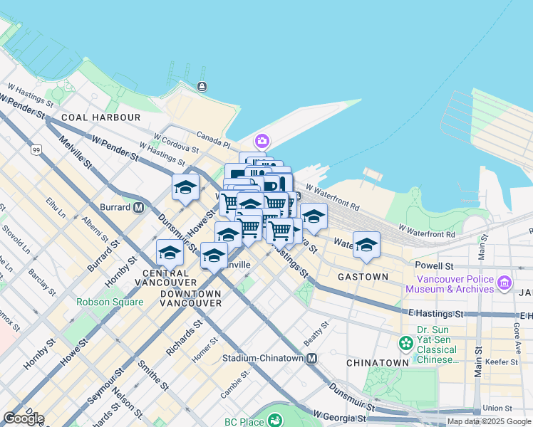 map of restaurants, bars, coffee shops, grocery stores, and more near 601 West Cordova Street in Vancouver