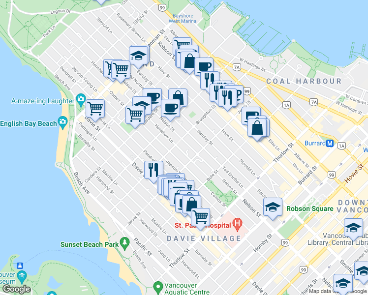 map of restaurants, bars, coffee shops, grocery stores, and more near in Vancouver
