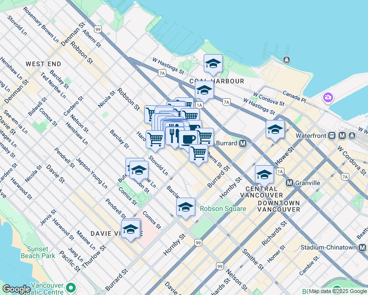 map of restaurants, bars, coffee shops, grocery stores, and more near 1131 Robson Street in Vancouver