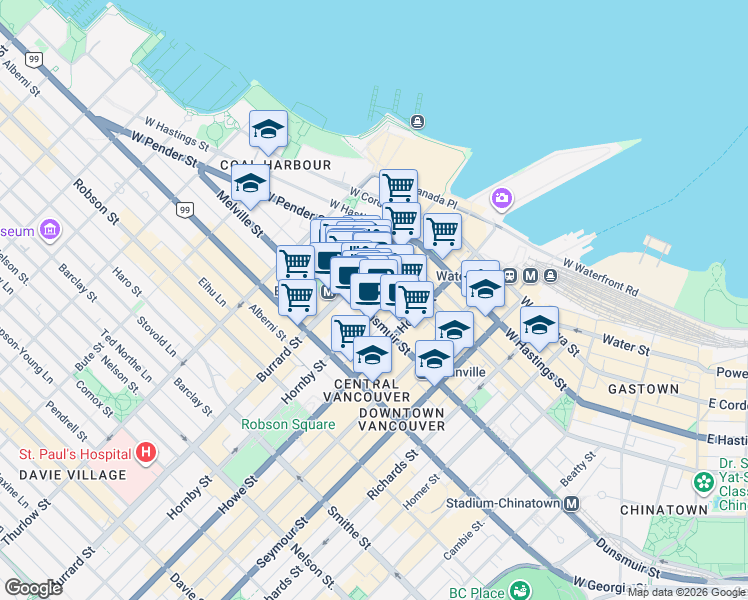 map of restaurants, bars, coffee shops, grocery stores, and more near 567 Hornby Street in Vancouver