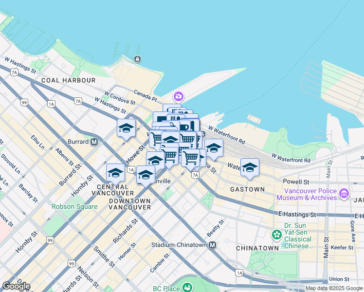 map of restaurants, bars, coffee shops, grocery stores, and more near 601 West Cordova Street in Vancouver