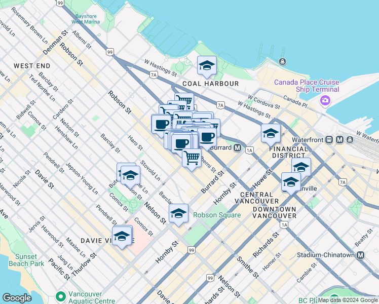 map of restaurants, bars, coffee shops, grocery stores, and more near 747 Thurlow Street in Vancouver