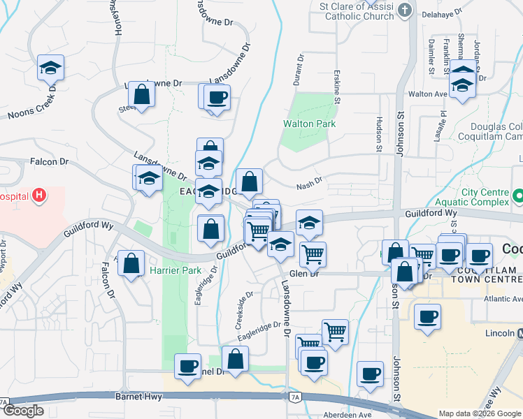 map of restaurants, bars, coffee shops, grocery stores, and more near 1215 Lansdowne Drive in Coquitlam
