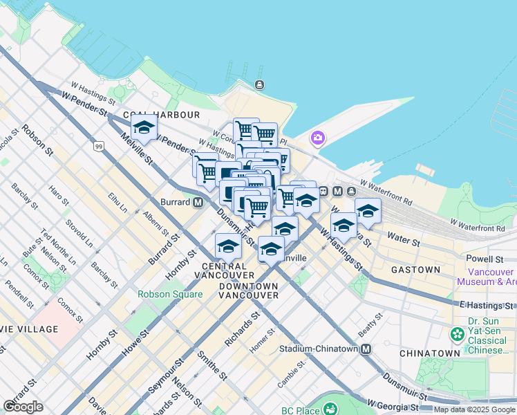 map of restaurants, bars, coffee shops, grocery stores, and more near 800 West Pender Street in Vancouver
