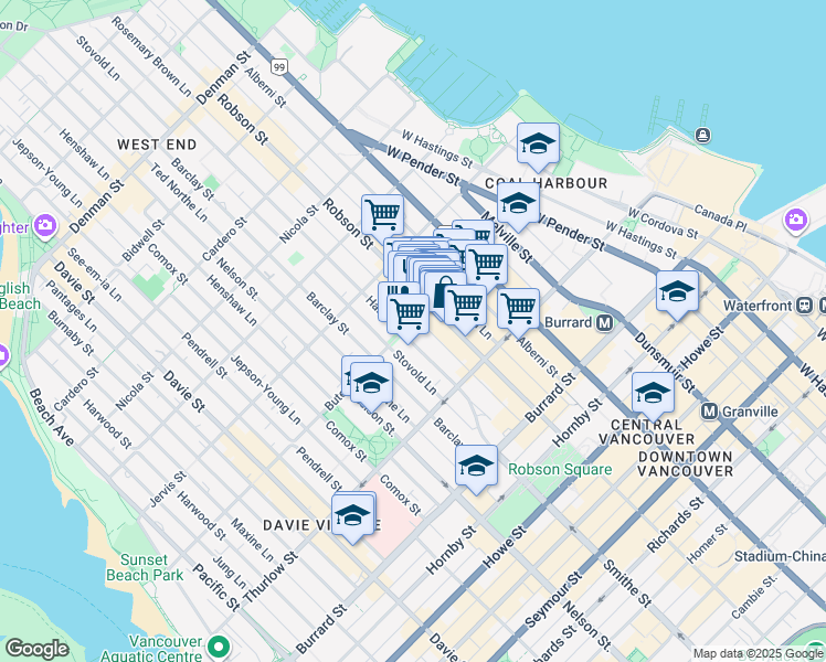 map of restaurants, bars, coffee shops, grocery stores, and more near 1175 Haro Street in Vancouver
