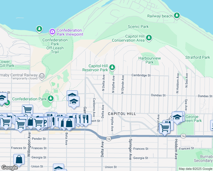 map of restaurants, bars, coffee shops, grocery stores, and more near 100 North Delta Avenue in Burnaby