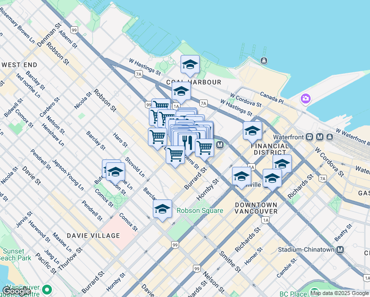 map of restaurants, bars, coffee shops, grocery stores, and more near 1060 Alberni Street in Vancouver