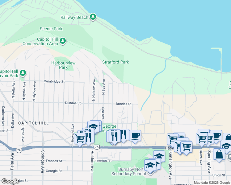 map of restaurants, bars, coffee shops, grocery stores, and more near 116 North Warwick Avenue in Burnaby
