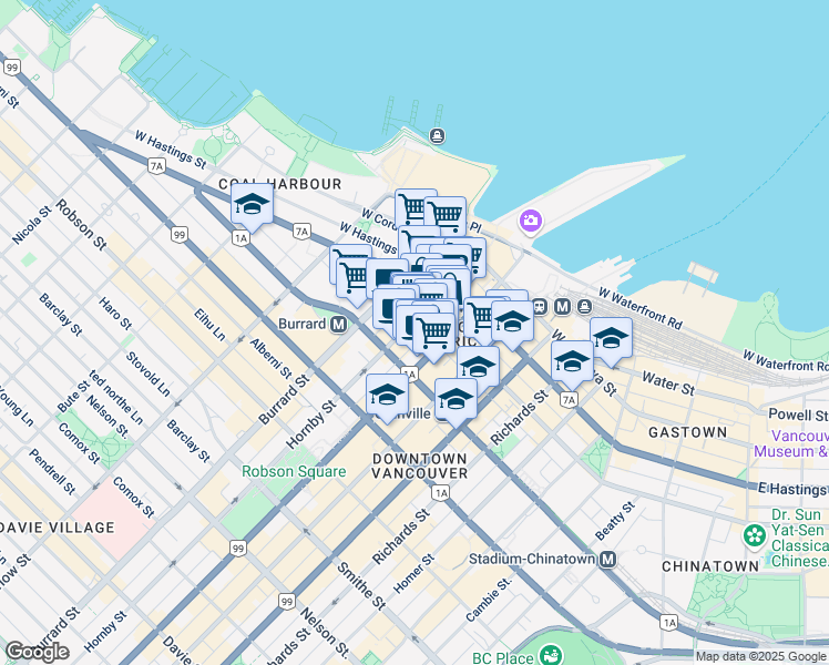 map of restaurants, bars, coffee shops, grocery stores, and more near 800 West Pender Street in Vancouver
