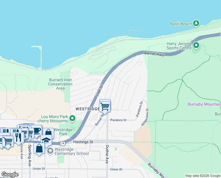 map of restaurants, bars, coffee shops, grocery stores, and more near 7255 Barnet Road in Burnaby