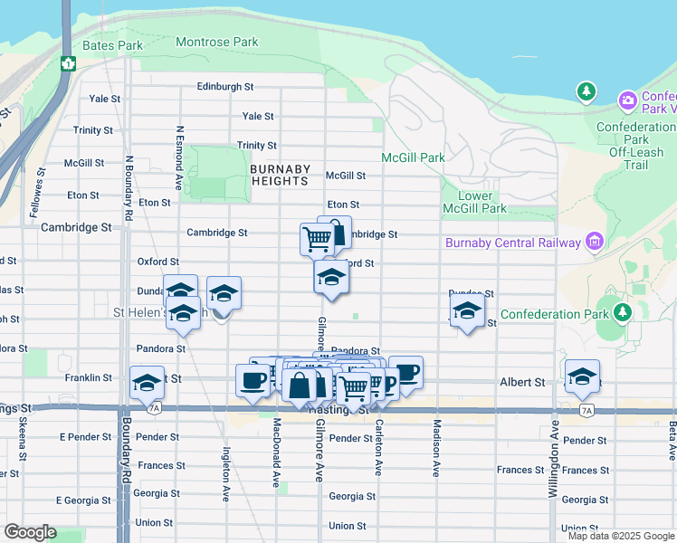 map of restaurants, bars, coffee shops, grocery stores, and more near 4120 Oxford Street in Burnaby