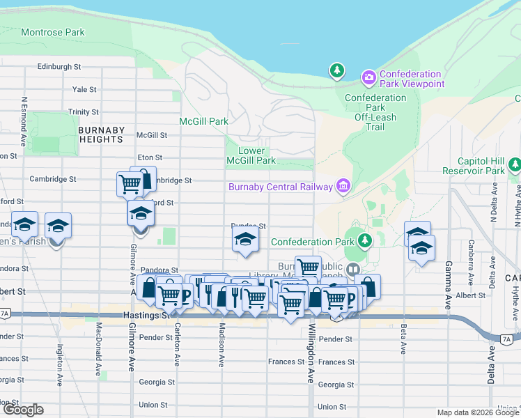 map of restaurants, bars, coffee shops, grocery stores, and more near 4386 Oxford Street in Burnaby