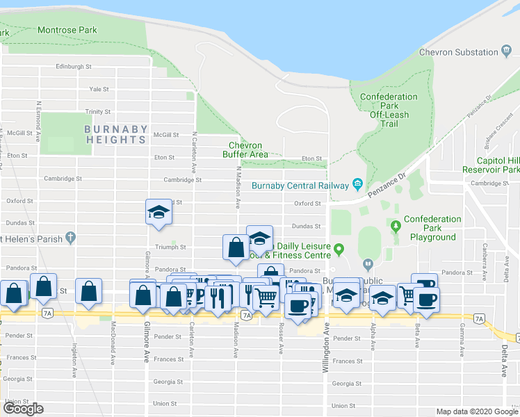 map of restaurants, bars, coffee shops, grocery stores, and more near 4356 Oxford Street in Burnaby