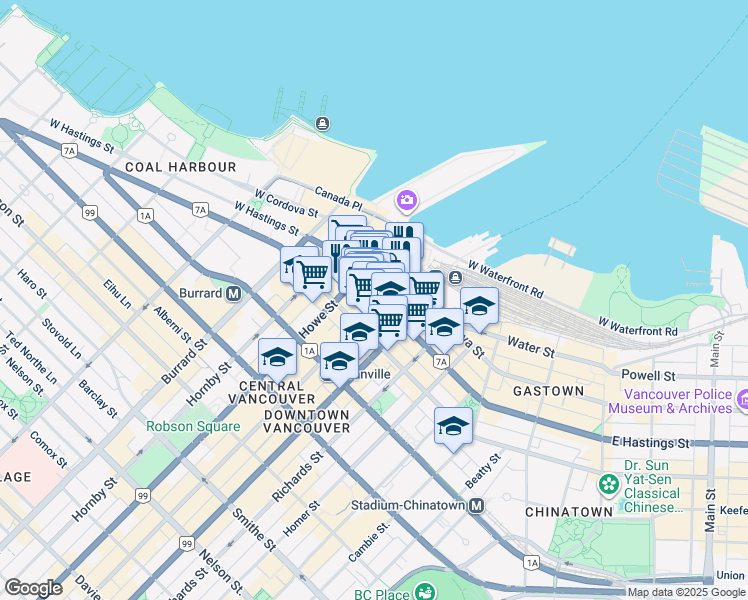 map of restaurants, bars, coffee shops, grocery stores, and more near 405 Granville Street in Vancouver