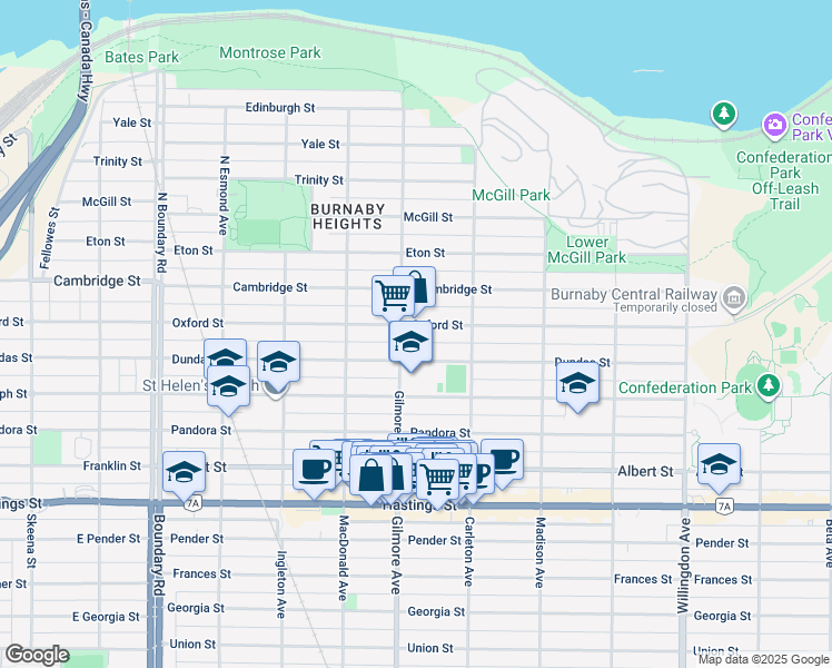 map of restaurants, bars, coffee shops, grocery stores, and more near 4116 Oxford Street in Burnaby