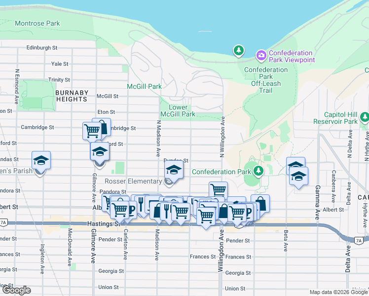 map of restaurants, bars, coffee shops, grocery stores, and more near 4386 Oxford Street in Burnaby