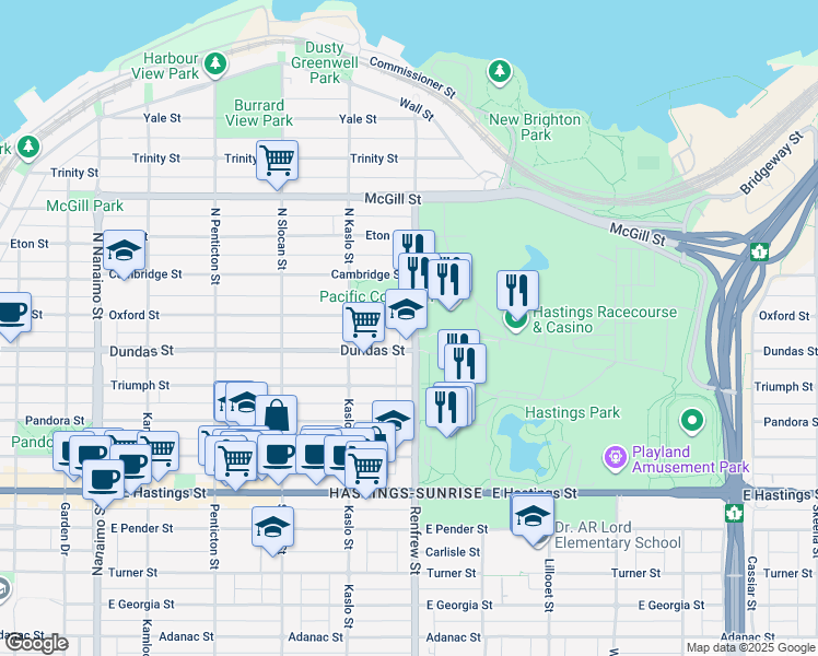map of restaurants, bars, coffee shops, grocery stores, and more near 75 North Renfrew Street in Vancouver