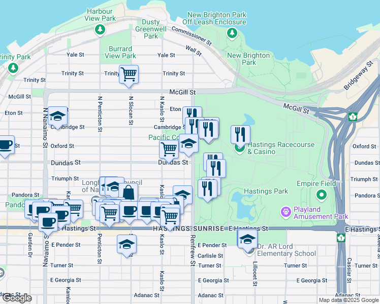 map of restaurants, bars, coffee shops, grocery stores, and more near 75 North Renfrew Street in Vancouver