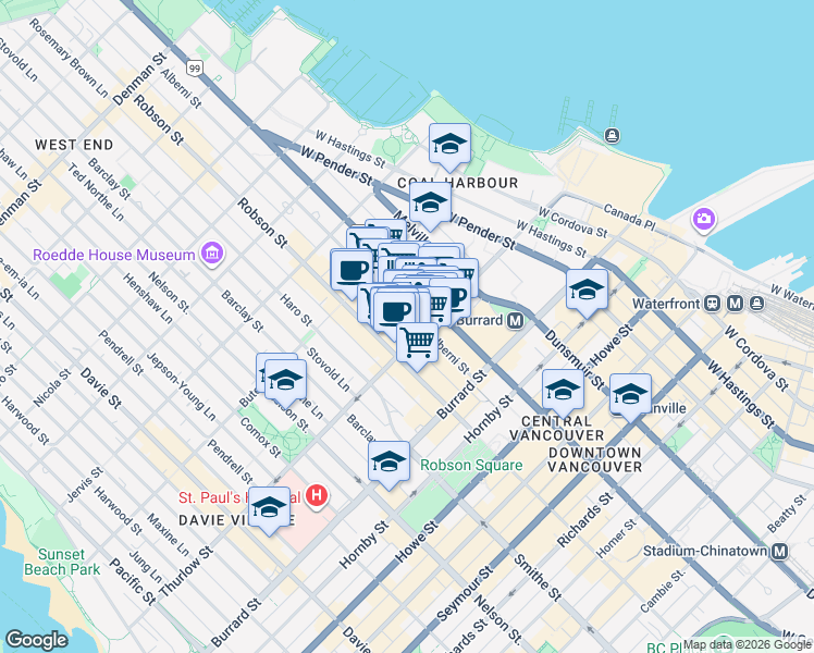 map of restaurants, bars, coffee shops, grocery stores, and more near 735 Thurlow Street in Vancouver