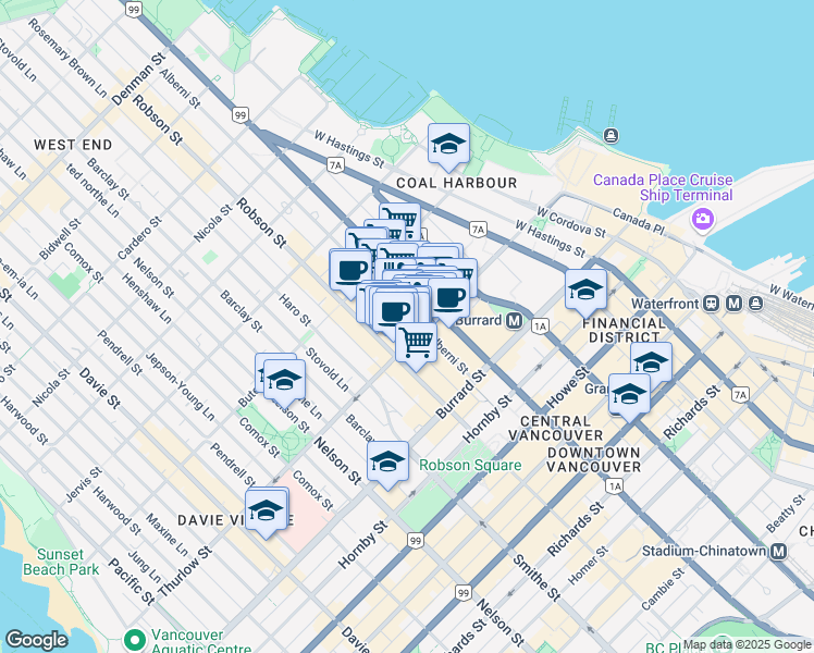 map of restaurants, bars, coffee shops, grocery stores, and more near in Vancouver