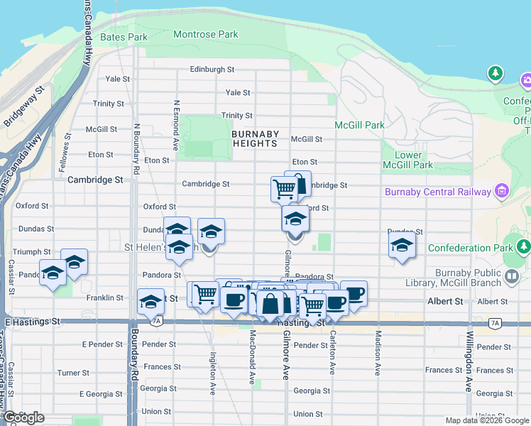 map of restaurants, bars, coffee shops, grocery stores, and more near 4052 Oxford Street in Burnaby