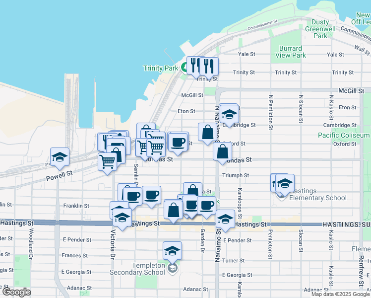 map of restaurants, bars, coffee shops, grocery stores, and more near in Vancouver