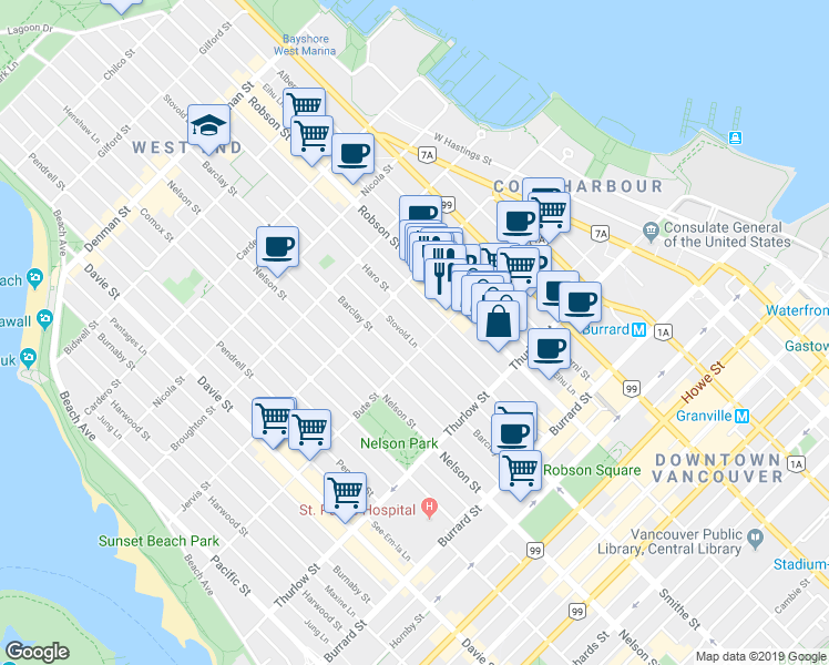 map of restaurants, bars, coffee shops, grocery stores, and more near in Vancouver