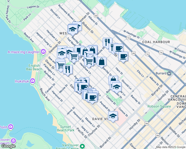 map of restaurants, bars, coffee shops, grocery stores, and more near 1012 Broughton Street in Vancouver