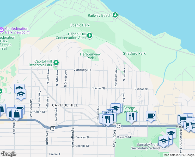 map of restaurants, bars, coffee shops, grocery stores, and more near 115 North Howard Avenue in Burnaby