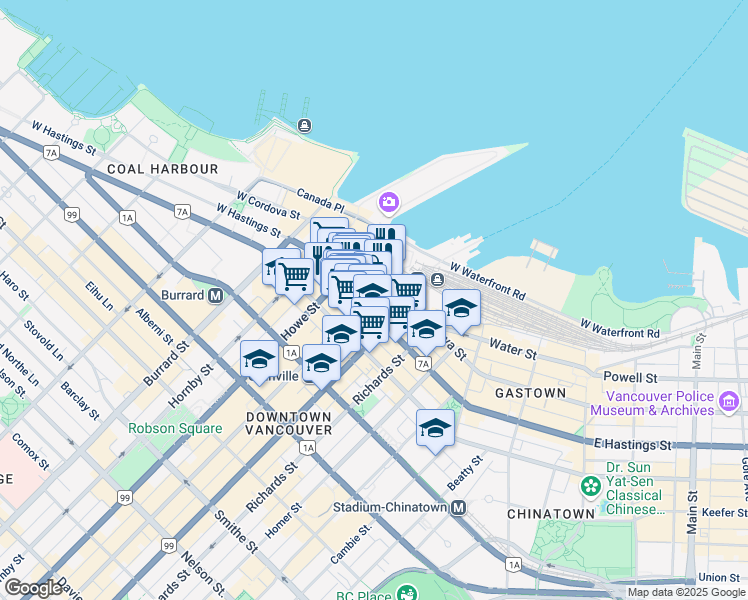 map of restaurants, bars, coffee shops, grocery stores, and more near in Vancouver