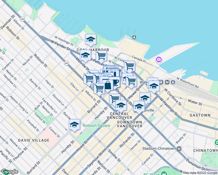 map of restaurants, bars, coffee shops, grocery stores, and more near Burrard Street in Vancouver