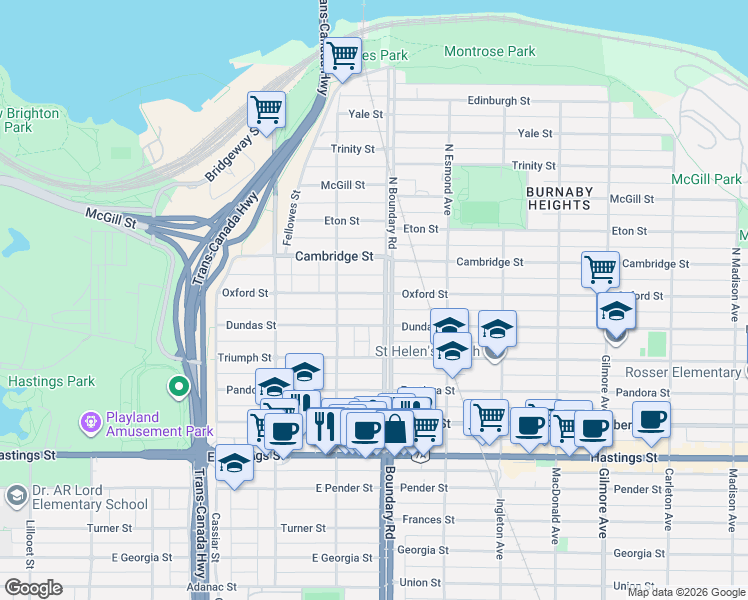 map of restaurants, bars, coffee shops, grocery stores, and more near 3674 Oxford Street in Vancouver