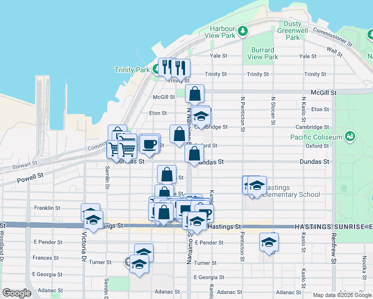 map of restaurants, bars, coffee shops, grocery stores, and more near 75 North Nanaimo Street in Vancouver