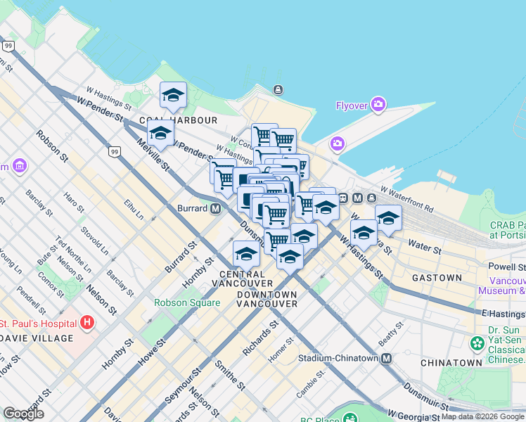 map of restaurants, bars, coffee shops, grocery stores, and more near 518 Hornby Street in Vancouver