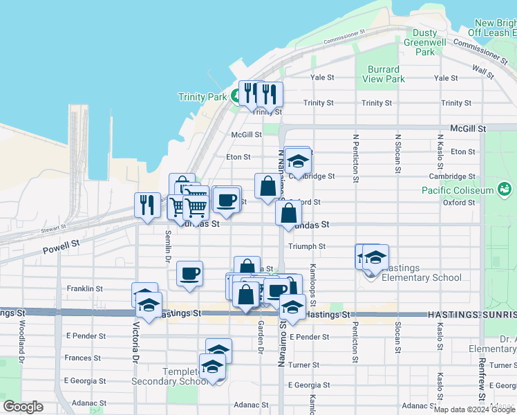 map of restaurants, bars, coffee shops, grocery stores, and more near 89 North Garden Drive in Vancouver