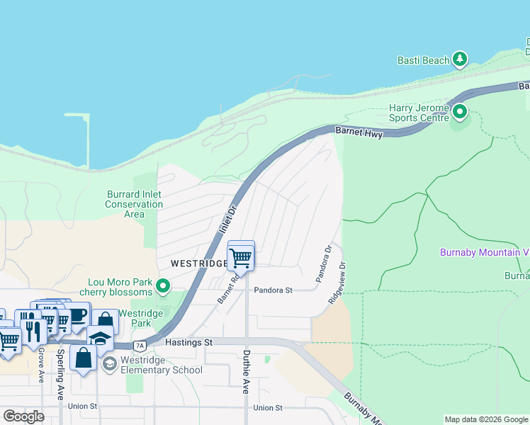 map of restaurants, bars, coffee shops, grocery stores, and more near 7266 Barnet Road in Burnaby