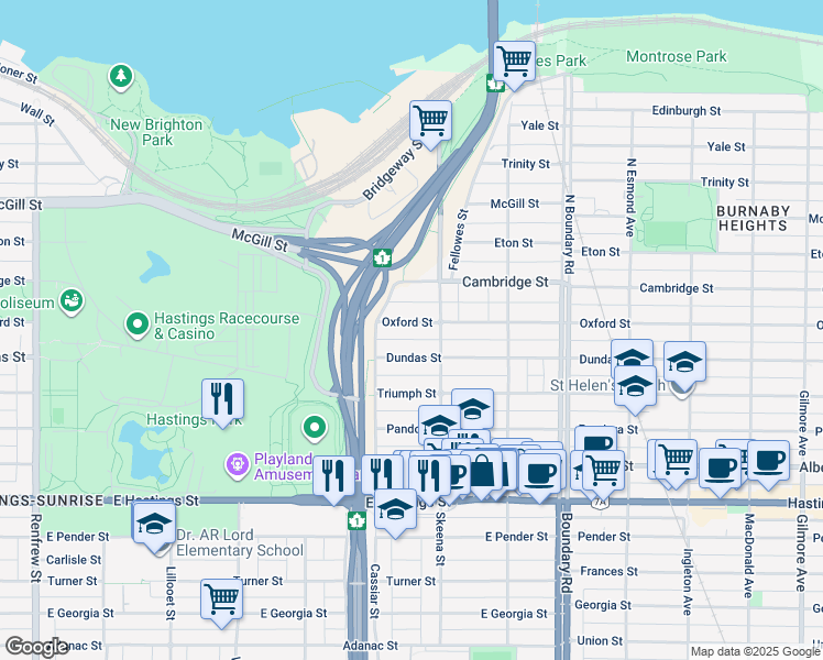 map of restaurants, bars, coffee shops, grocery stores, and more near 3464 Oxford Street in Vancouver