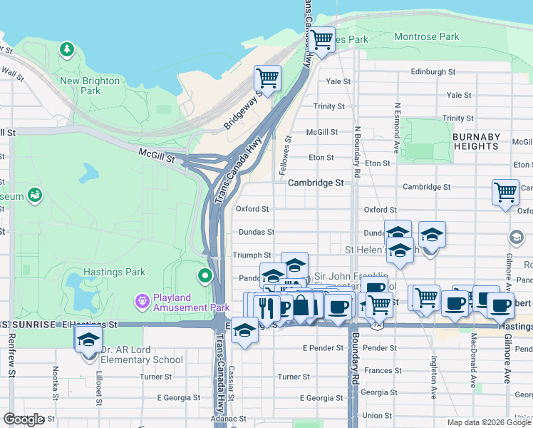 map of restaurants, bars, coffee shops, grocery stores, and more near 3494 Oxford Street in Vancouver