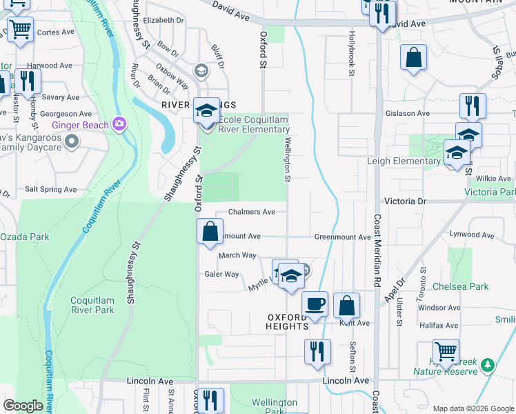 map of restaurants, bars, coffee shops, grocery stores, and more near 1753 Chalmers Avenue in Port Coquitlam