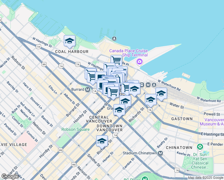 map of restaurants, bars, coffee shops, grocery stores, and more near 800 West Pender Street in Vancouver