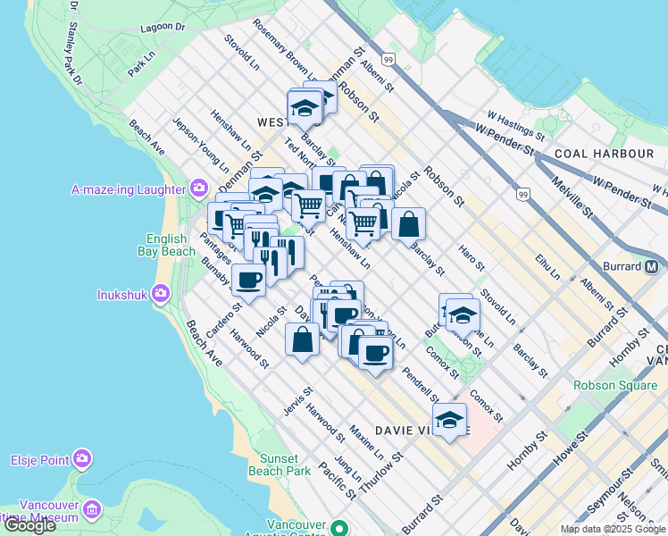 map of restaurants, bars, coffee shops, grocery stores, and more near 1076 Nicola Street in Vancouver