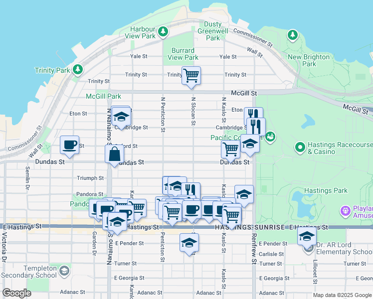 map of restaurants, bars, coffee shops, grocery stores, and more near 2684 Oxford Street in Vancouver