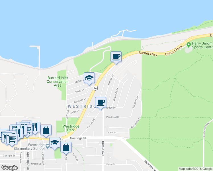map of restaurants, bars, coffee shops, grocery stores, and more near 7259 Barnet Road in Burnaby