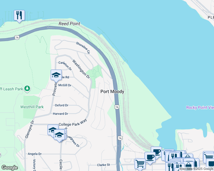 map of restaurants, bars, coffee shops, grocery stores, and more near in Port Moody