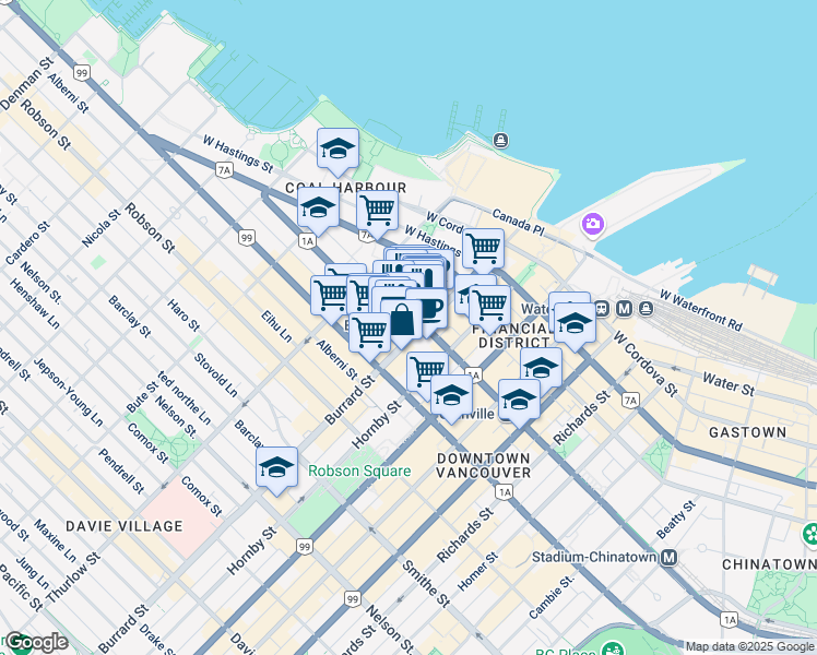 map of restaurants, bars, coffee shops, grocery stores, and more near in Vancouver
