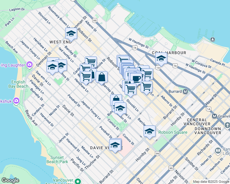 map of restaurants, bars, coffee shops, grocery stores, and more near in Vancouver