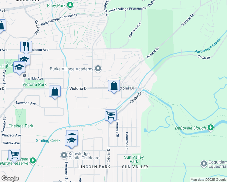 map of restaurants, bars, coffee shops, grocery stores, and more near 840 Victoria Drive in Port Coquitlam