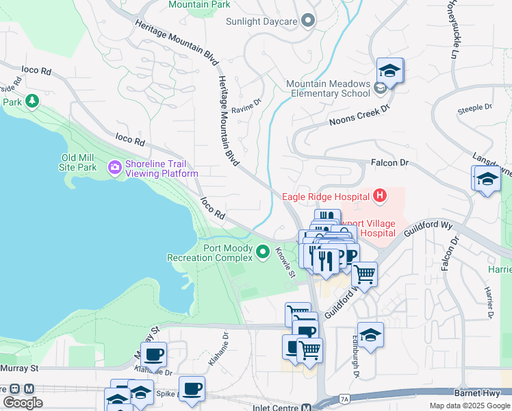 map of restaurants, bars, coffee shops, grocery stores, and more near 311 Avalon Drive in Port Moody